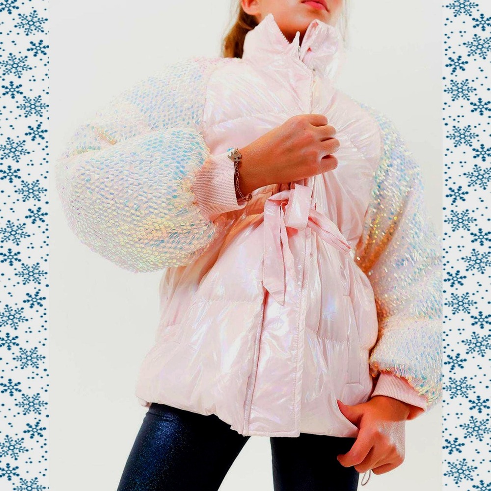 Lola + The Boys Puffer Jacket Mermaid Sleeve 8 Pink Cotton Candy Shimmer Sequin